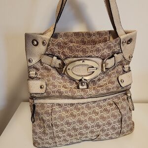 Vintage Guess Cream and Brown Patterned Shoulder Bag